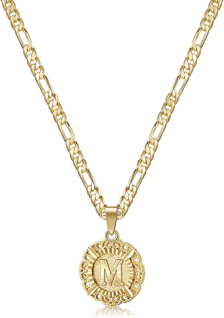 KissYan Initial Necklaces for Women | 14K Gold/White Gold/Rose Gold Plated, Round Letter Pendant with 20''+2'' Figaro Chain, Alphabets A-Z, Dainty Jewelry Gifts