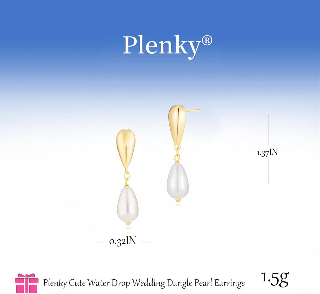 Plenky Pearl Earrings-14K Gold Plated Dainty Pearl Drop Simple Wedding CZ Dangle Dangling Cute Stud Earrings for Brides Earrings for Women Gifts