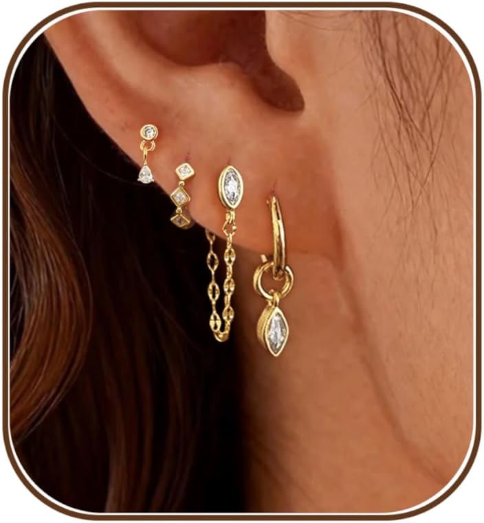 Gold Earrings for Women, Dainty Earring Stacks 14K Gold Plated Chain Earrings Cute Hypoallergenic Huggie Earrings for Women Trendy Unique Drop Hoop Earrings Stack Fashion Gold Jewelry Set