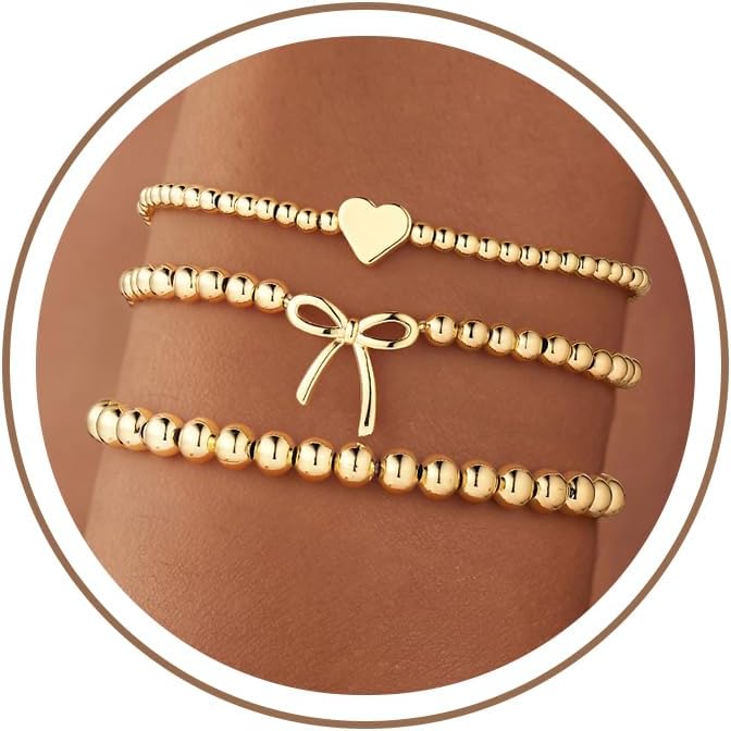 3PCS 14K Gold Plated Beaded Stretch Bracelet for Women Teen Girls | Stacked Beaded Bracelet Set, Dainty Bow Cross Heart Wave CZ Charm, Waterproof, 7 Inch Elastic, Teen Girls Summer Jewelry
