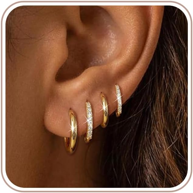 4 Pair Small Gold Hoop Earrings for Women Sensitive Ears - Hypoallergenic 14k Real Gold Plated Hoops Zirconia Cartilage Huggie Earrings Set Helix Piercing Earring Gold Jewelry for Women Gift