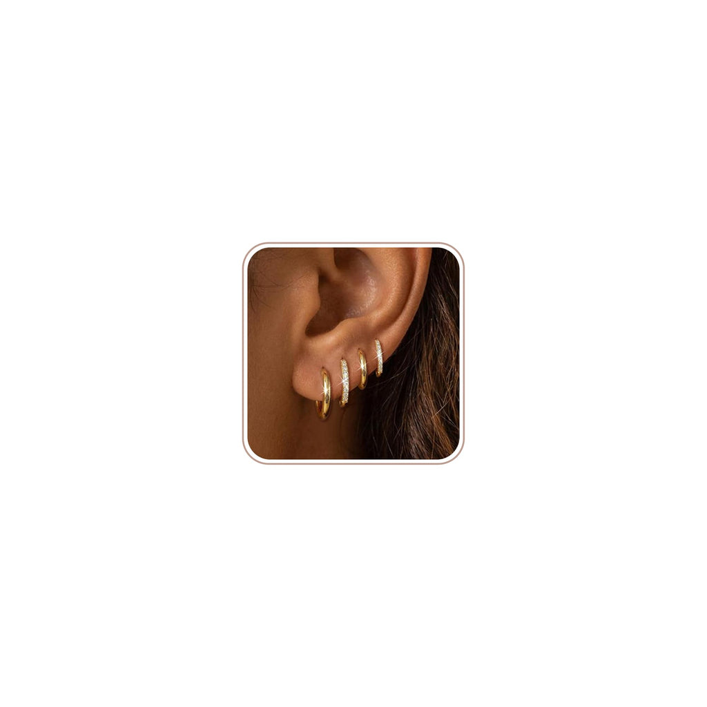 4 Pair Small Gold Hoop Earrings for Women Sensitive Ears - Hypoallergenic 14k Real Gold Plated Hoops Zirconia Cartilage Huggie Earrings Set Helix Piercing Earring Gold Jewelry for Women Gift
