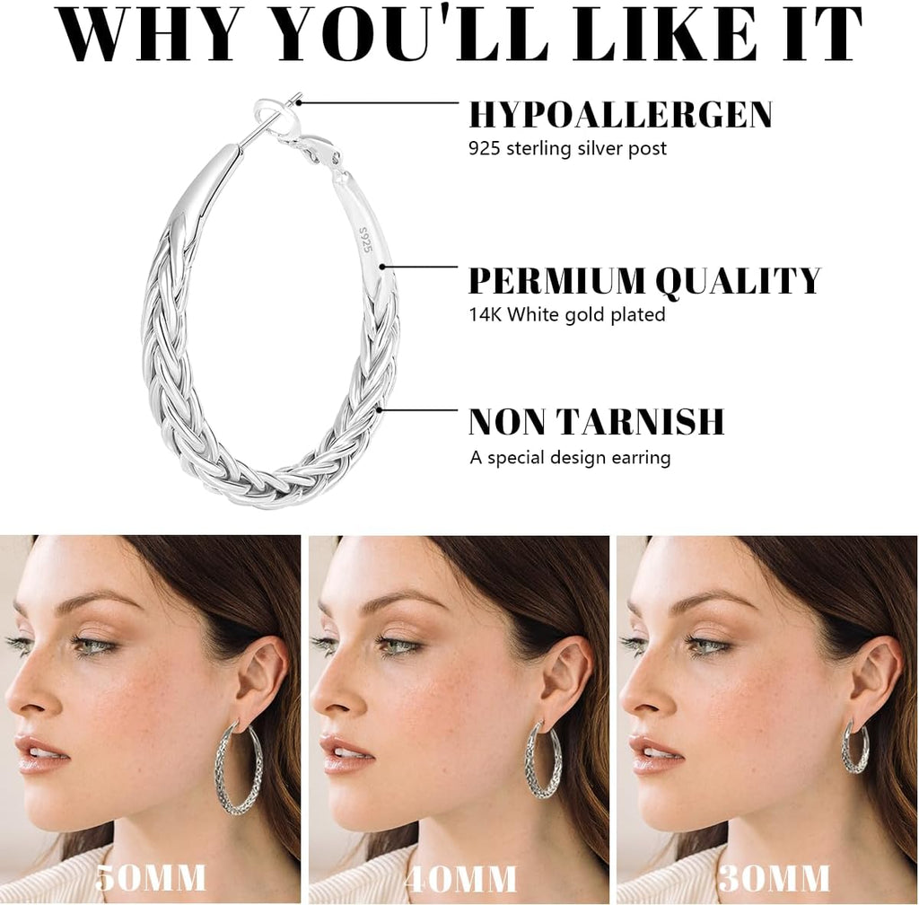 JEMARA Sterling Silver Hoop Earrings Hypoallergenic Thick Silver Earrings | 925 Sterling Silver Post Lightweight Large Chunky Silver Earrings Non Tarnish Trendy Everyday Earrings 30-50MM