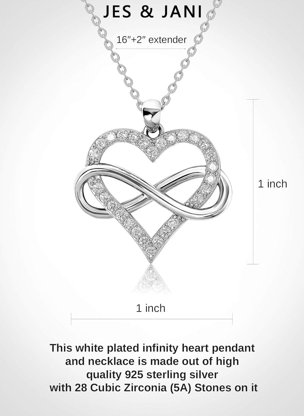 JES & JANI Infinity Heart Necklace for Women, Love Heart Pendant with Cubic Zirconia and Infinity Necklace, 925 Sterling Silver Heart Necklace for Girlfriend