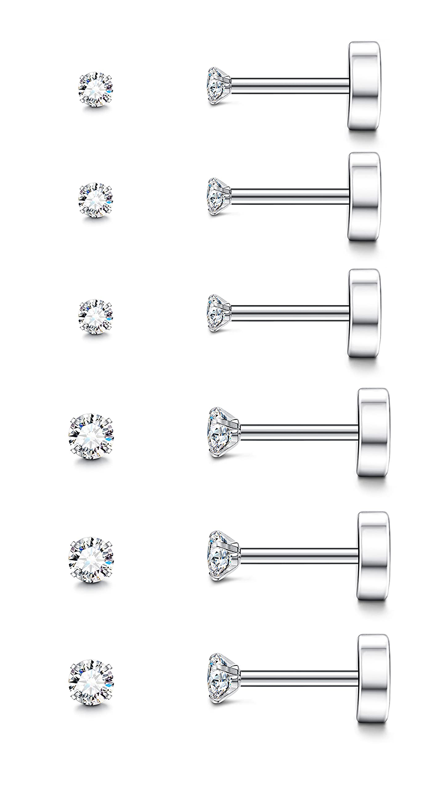 20G Hypoallergenic Flat Back Earrings for Women Men Silver 14K Gold Stainless Steel Stud Earrings Birthstone Cubic Zirconia Studs Surgical Steel Cartilage Earrings for Sensitive Ears