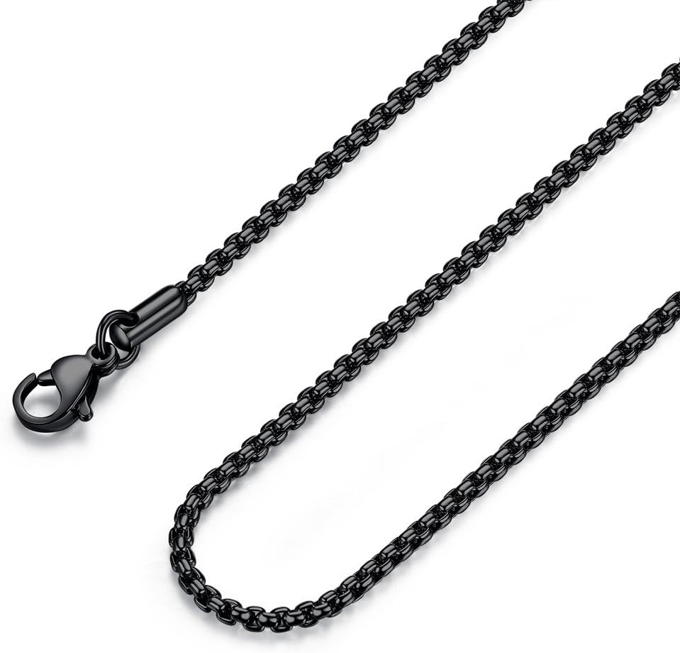FOSIR Mens Womens Stainless Steel Black Rolo Cable Chain Necklace, Round Box Chains for Men, 2/3/4/5mm Width