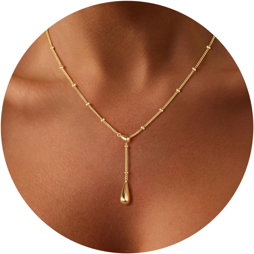 M MOOHAM Gold Necklace for Women, 14K Gold Plated Small Pendant Jewelry | Gold Beaded Chain Necklace, Simple Pearl Circle Beads Teardrop Pendant, Birthday Gifts for Women Teen Girls