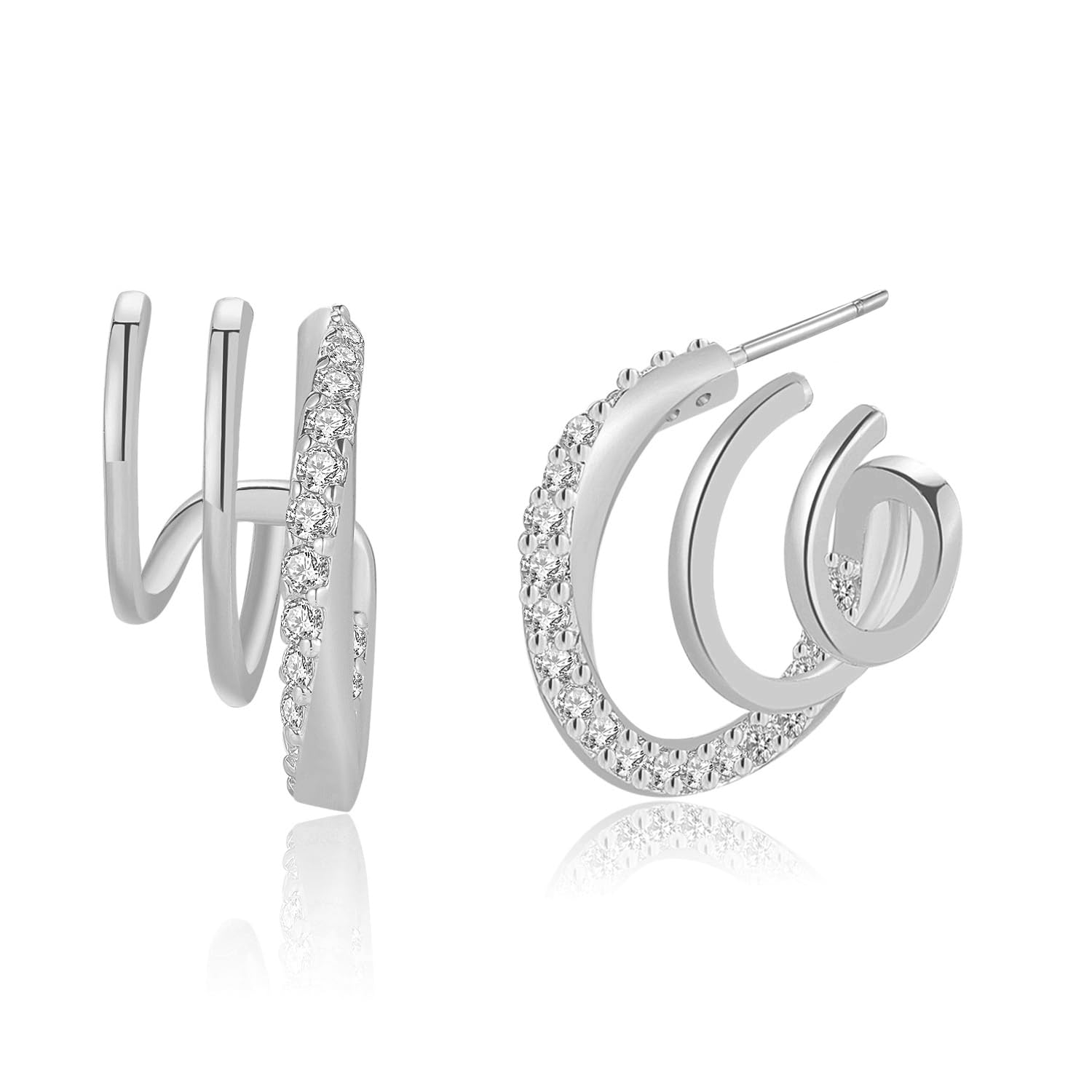 14K Gold Plated Illusion Stud Earrings for Women | Triple Huggie Hoop Earrings for One Hole| Trendy Simple Hypoallergenic Fashion Accessories Gold Jewelry Gifts for Womens