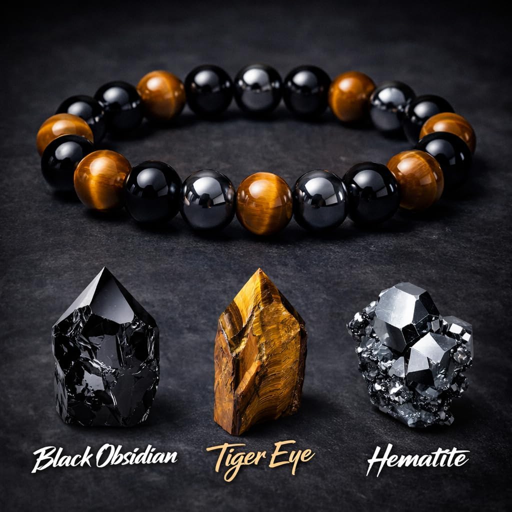 WFJ Black Obsidian Hematite Triple Protection Bracelets Set - Tiger Eye Beaded Natural Stone Bracelet for Men Women Gemstone (10MM)