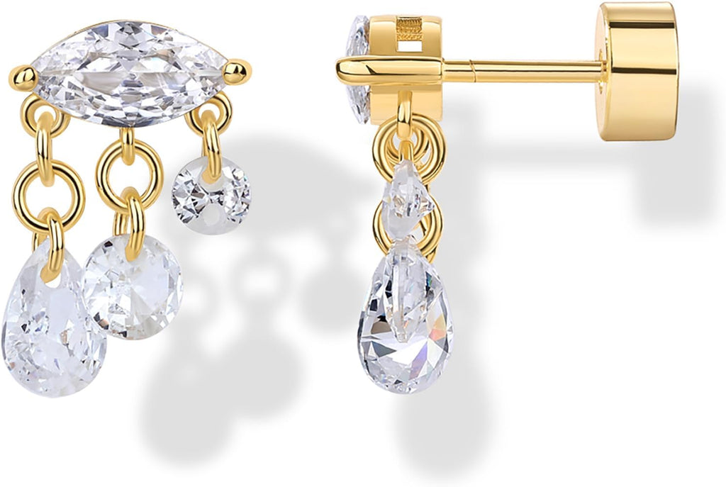 PAVOI 14K Gold Plated Dangle Flat Back Earrings for Women, CZ Stud Piercing | Hypoallergenic Earrings with 925 Sterling Silver Posts, Helix & Cartilage Screw Back Earrings with Cubic Zirconia