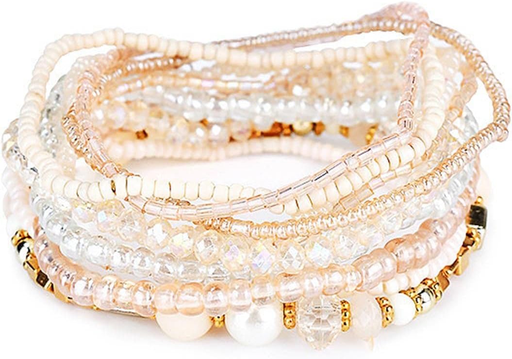 Bohemian Crystal Beaded Stackable Bracelets Handmade Colorful Crystal Pearl Seed Beads Bracelets for Women Jewelry