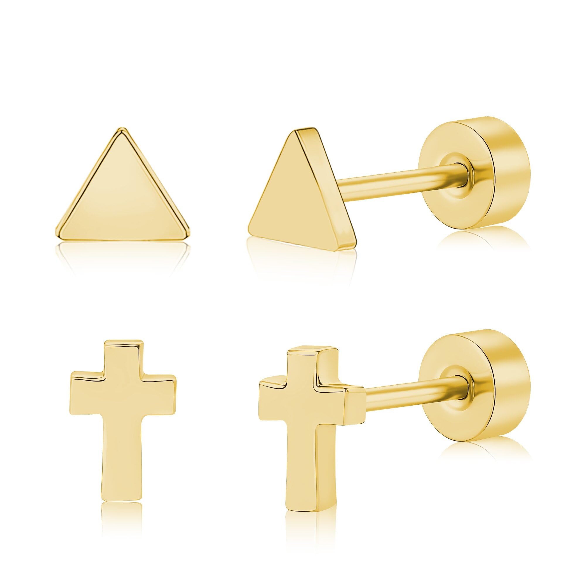 2 Pairs Flat Back Earrings Women, Titanium Star and Moon Earrings, Heart & CZ Flatback Stud, Butterfly & Lightning Screw Back, Crosses and Triangles Stud, Gold/Pink/Silver/Black Options