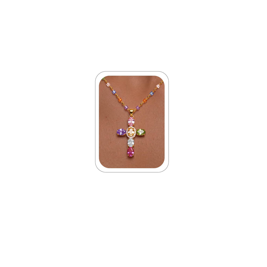 DEARMAY 14K Gold Plated Colorful CZ Cross Necklace for Women, Multi-Color Cubic Zirconia Beaded Station Chain Dainty Statement Pendant Jewelry Gifts