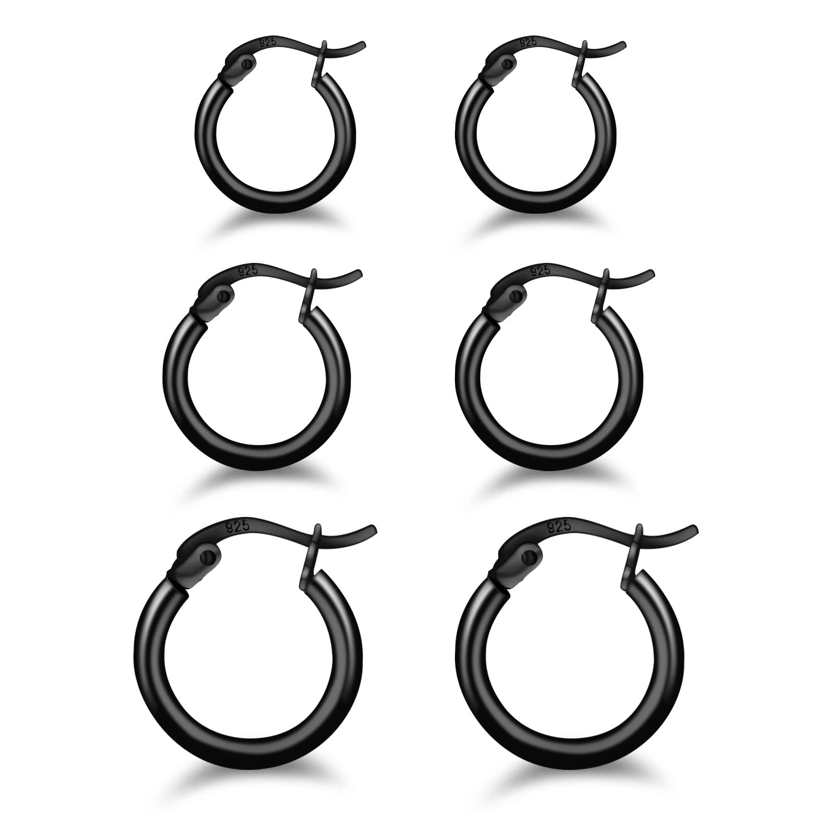 3 Pairs 925 Sterling Silver Hoop Earrings | Small White Gold Plated Hoop Earrings for Women (13mm,15mm,20mm，25mm,30mm,40mm,50mm,60mm)
