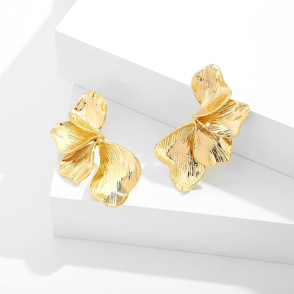 Chunky Gold Statement Earrings For Women Gold Plated Sectored Flower Leaf Shell Angel Wing Earrings Trendy Boho Jewelry For Women Large Stud Earrings Hypoallergenic Earrings Gold Jewelry Gift