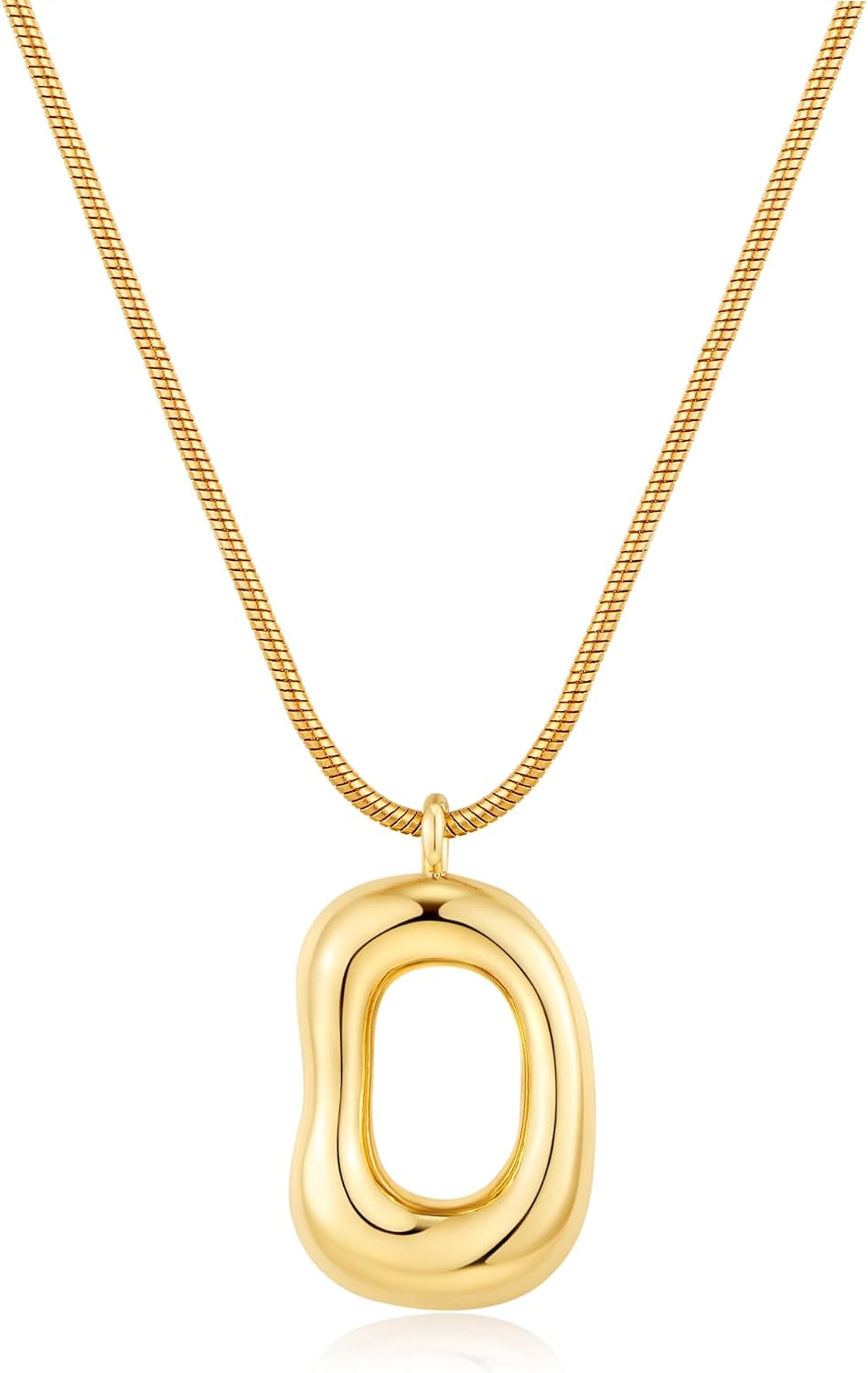 Gold Tone Irregular Oval Pendant Necklace for Women, Minimalist Chunky Snake Chain Necklace, Dainty 14K Gold Plated Statement Long Necklace
