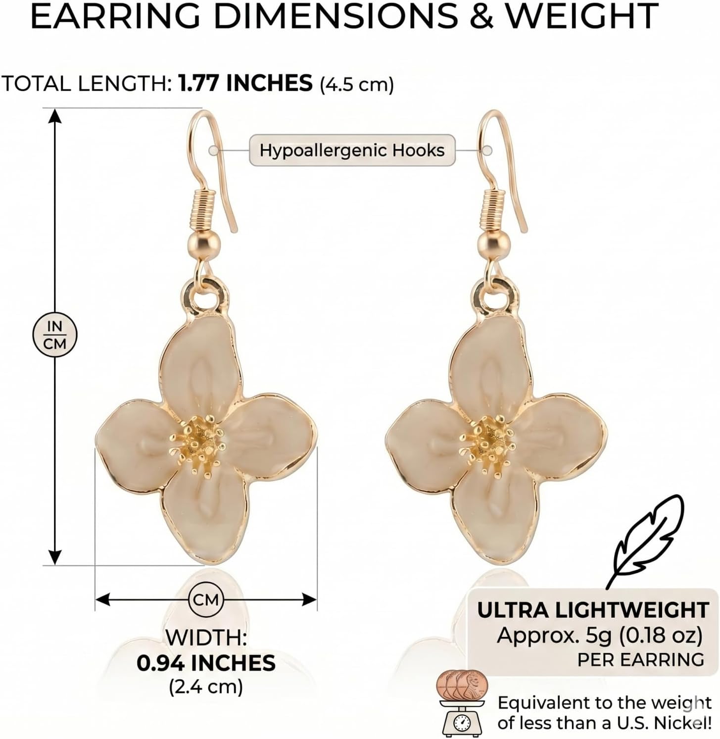 Enamel Cherry Blossom Flower Drop Earrings Gold Fish Hook Floral Women Gift | lightweight/Realistic