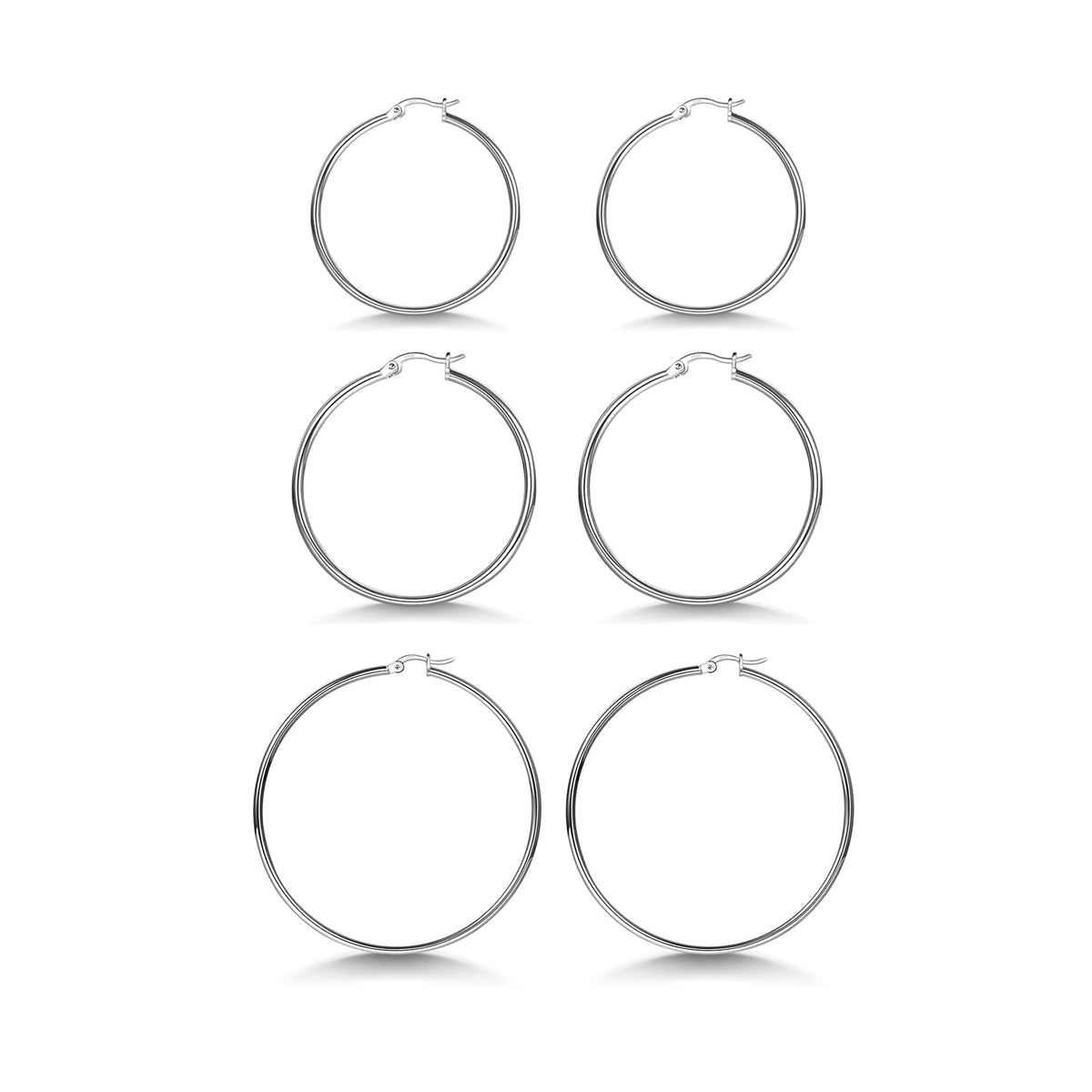 3 Pairs 925 Sterling Silver Hoop Earrings | Small White Gold Plated Hoop Earrings for Women (13mm,15mm,20mm，25mm,30mm,40mm,50mm,60mm)