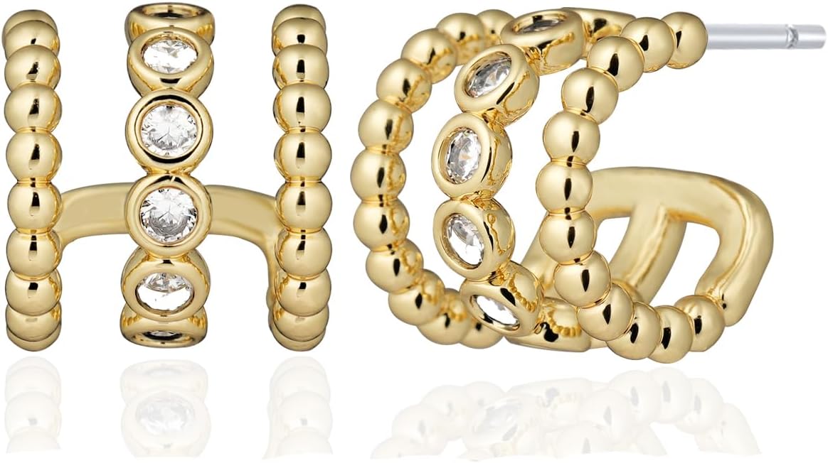 14K Gold Plated Illusion Stud Earrings for Women | Triple Huggie Hoop Earrings for One Hole| Trendy Simple Hypoallergenic Fashion Accessories Gold Jewelry Gifts for Womens