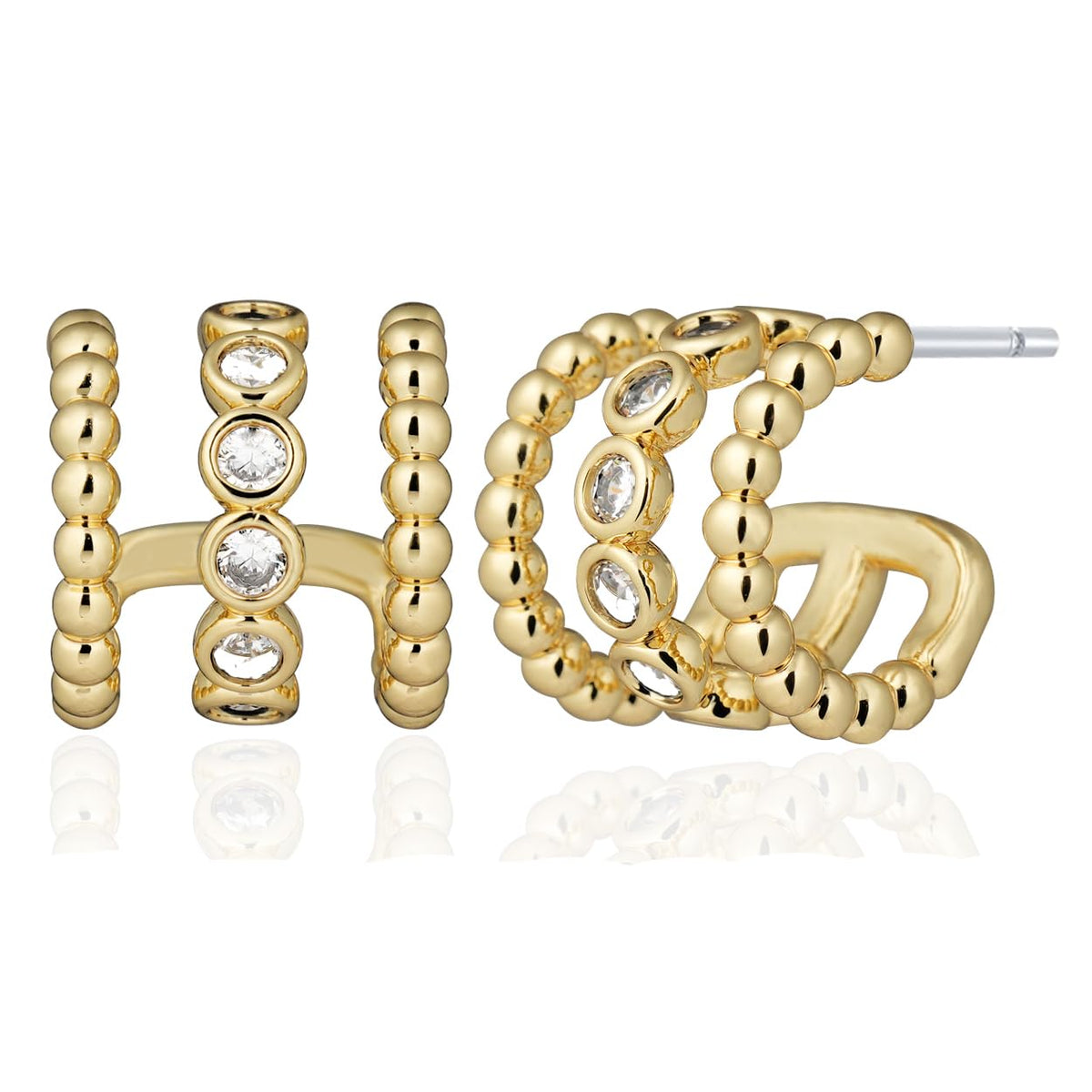 14K Gold Plated Illusion Stud Earrings for Women | Triple Huggie Hoop Earrings for One Hole| Trendy Simple Hypoallergenic Fashion Accessories Gold Jewelry Gifts for Womens