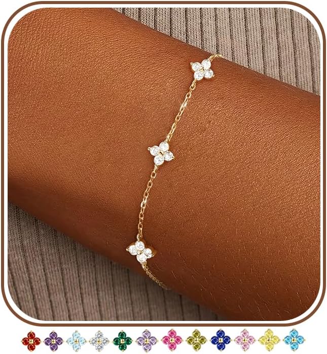 Clover Birthstone Gold Bracelets for Women Trendy Non Tarnish Gifts | Dainty Gold Bracelet Stack, 14K Gold Plated, Cute Stackable Charm Bracelet, Friendship Wedding Gold Jewelry, Birthday Gifts