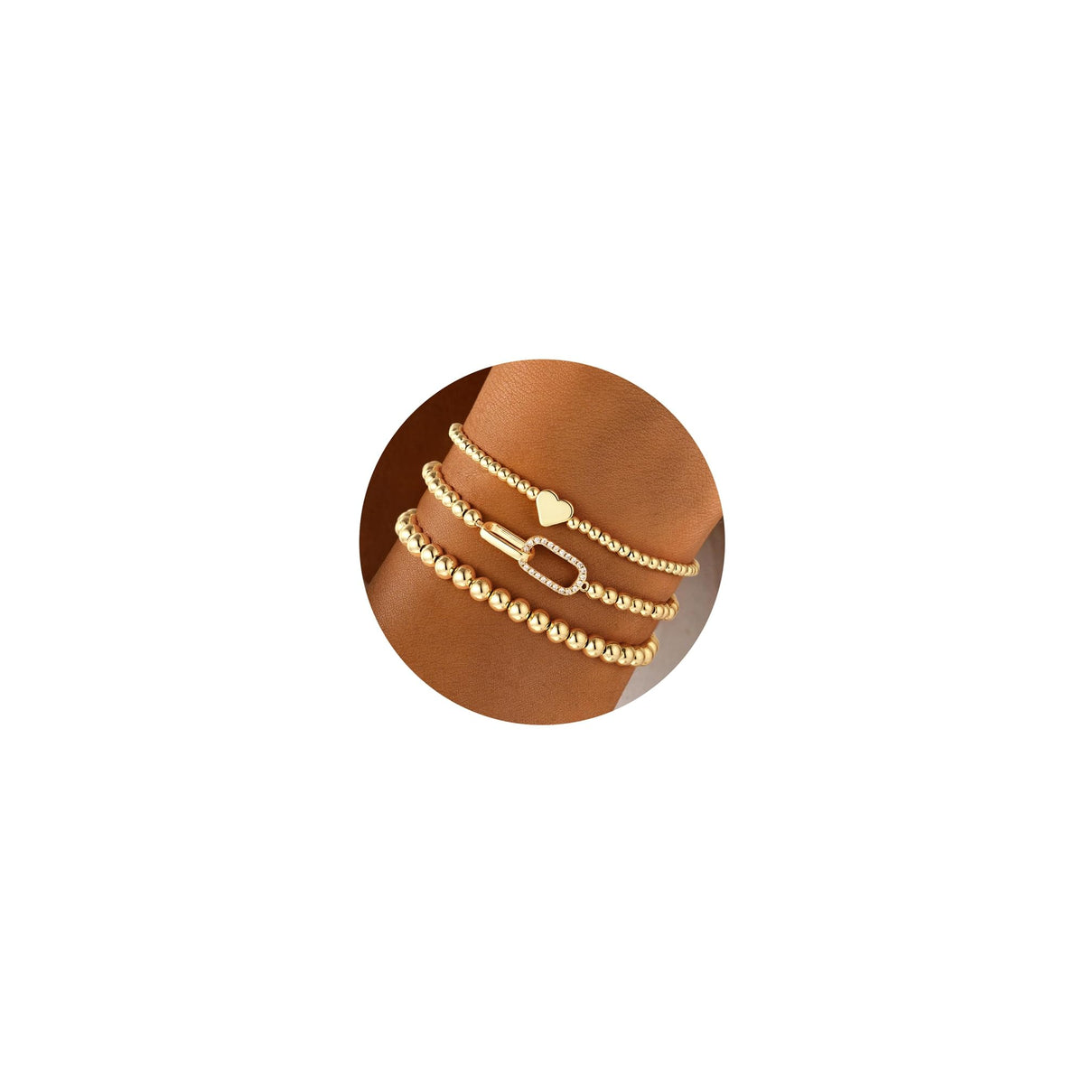 3PCS 14K Gold Plated Beaded Stretch Bracelet for Women Teen Girls | Stacked Beaded Bracelet Set, Dainty Bow Cross Heart Wave CZ Charm, Waterproof, 7 Inch Elastic, Teen Girls Summer Jewelry