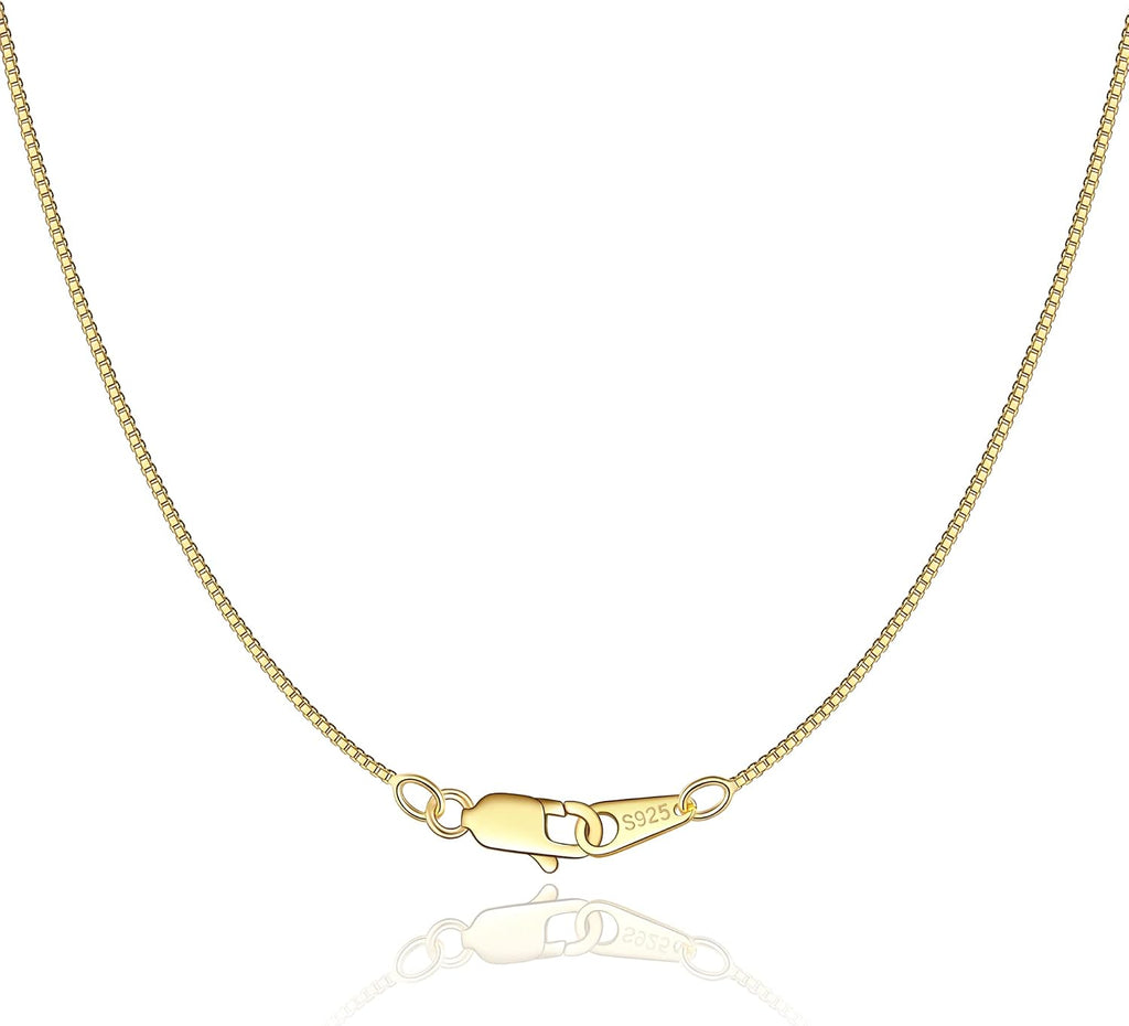 Jewlpire 18K Gold Plated 925 Sterling Silver Chain Necklace for Women Girls, 0.8mm Box Chain Lobster Claw Clasp-Super Thin & Strong Necklace Chain 16/18/20/22/24 Inch