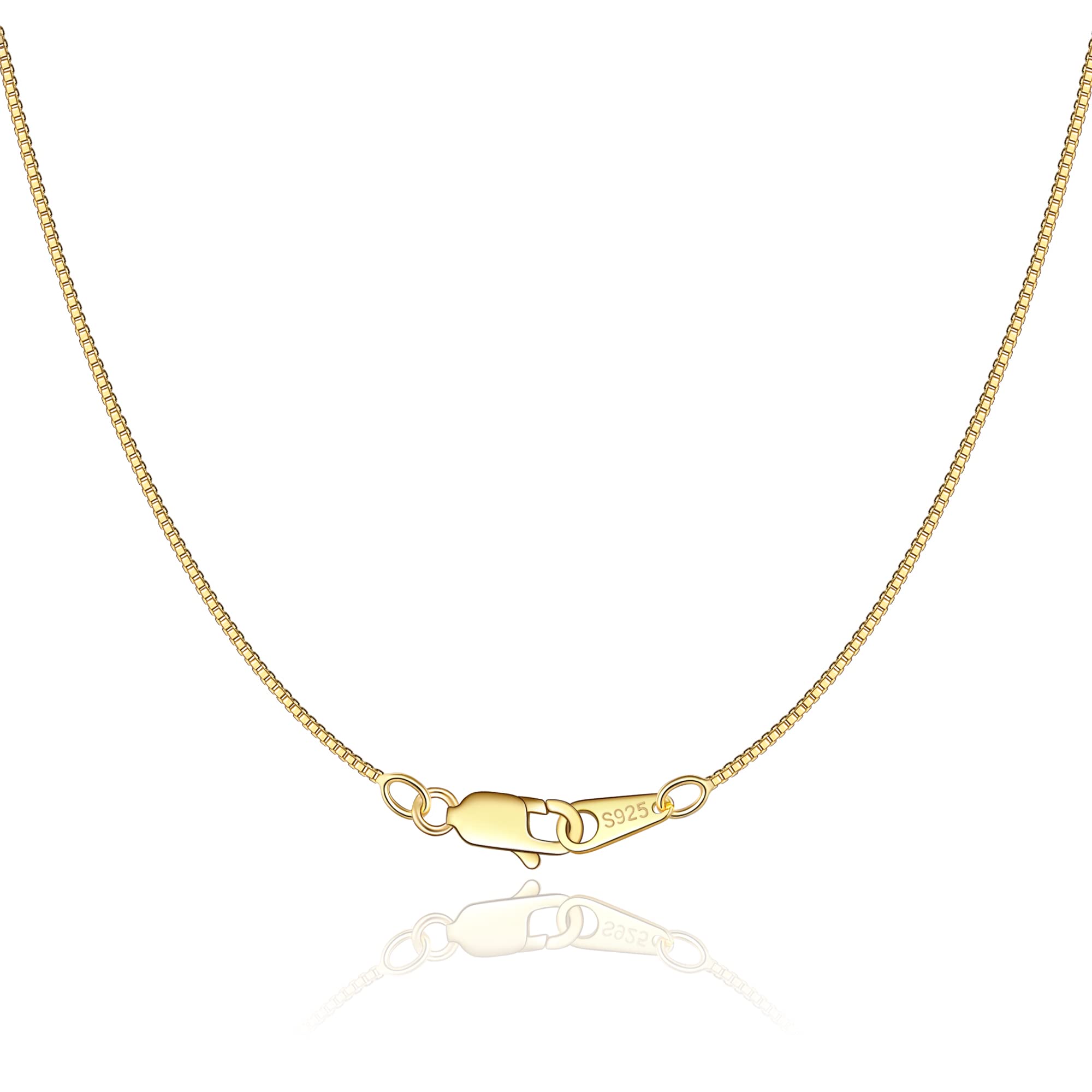 Jewlpire 18K Gold Plated 925 Sterling Silver Chain Necklace for Women Girls, 0.8mm Box Chain Lobster Claw Clasp-Super Thin & Strong Necklace Chain 16/18/20/22/24 Inch