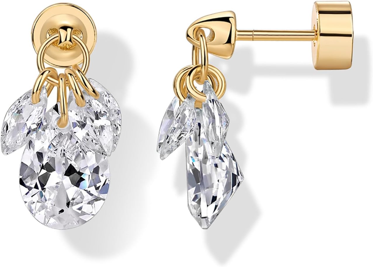 PAVOI 14K Gold Plated Dangle Flat Back Earrings for Women, CZ Stud Piercing | Hypoallergenic Earrings with 925 Sterling Silver Posts, Helix & Cartilage Screw Back Earrings with Cubic Zirconia