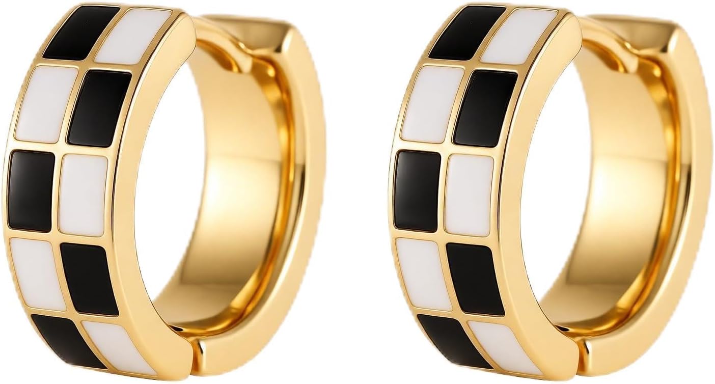 Checker Cartilage Hoops Teacher Earrings for Women White Black Enamel Gold | Hypoallergenic Office & Daily Wear Jewelry Gift