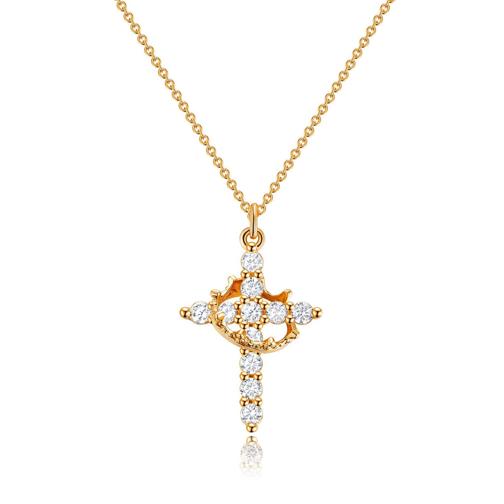 Robaice Upgraded Crown Cross Necklace for Women, 14K Gold Plated | Non-Tarnish Dainty Christian faith pendant for Gifting, first communion, baptism, birthdays and everyday wear