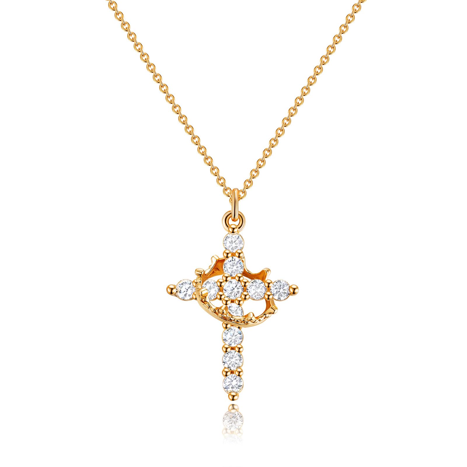 Robaice Upgraded Crown Cross Necklace for Women, 14K Gold Plated | Non-Tarnish Dainty Christian faith pendant for Gifting, first communion, baptism, birthdays and everyday wear