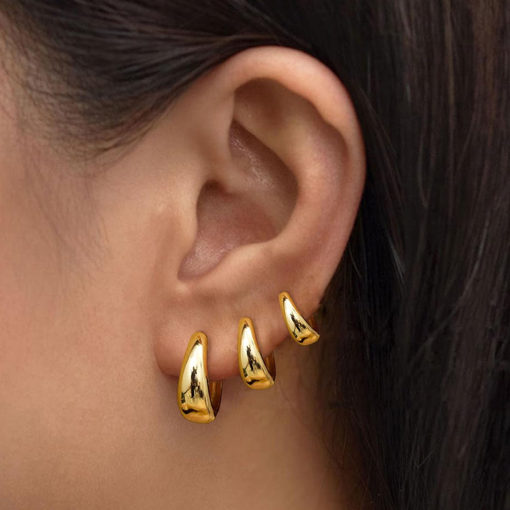 3 Pairs Gold Hoop Earrings Set for Women Trendy Chunky Small Huggie Jewelry | Hypoallergenic Silver Post Earrings for Sensitive Ears Non Tarnish, Stacks for Multiple Piercings, Gifts for Women