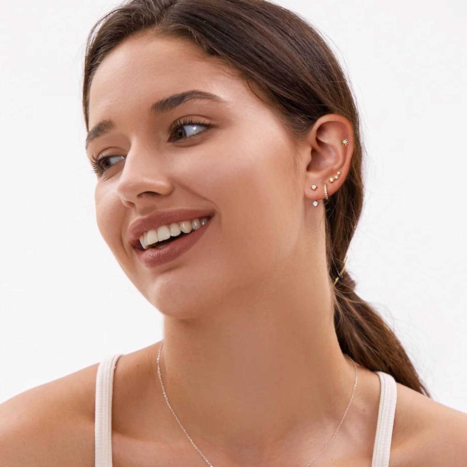 6 Pairs 14K Gold Plated Stud Earrings for Women, CZ Cartilage Stack Set | Hypoallergenic, Small Cartilage Earrings, Multiple Piercing, Dainty Stacks, Lightweight for Daily Wear, Jewelry Gift