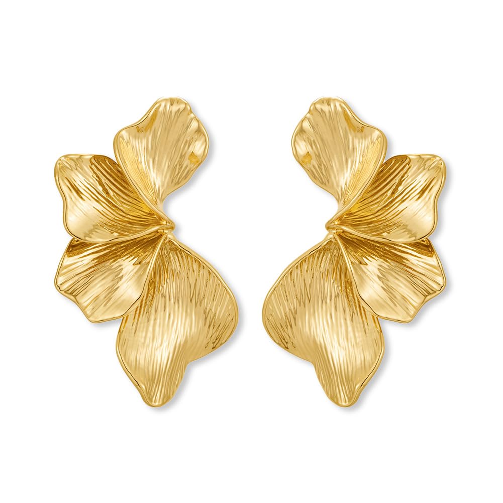 Chunky Gold Statement Earrings For Women Gold Plated Sectored Flower Leaf Shell Angel Wing Earrings Trendy Boho Jewelry For Women Large Stud Earrings Hypoallergenic Earrings Gold Jewelry Gift