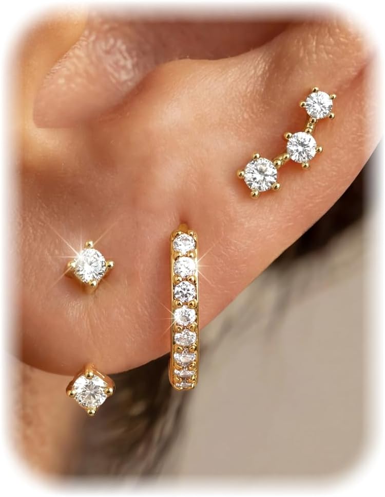 3 Pairs 925 Sterling Silver Hypoallergenic Earrings for Women Trendy - 14K Gold Plated Stud Hoop Cartilage Earrings Set Small Earring Stacks for Sensitive Ears Non Tarnish Dainty Silver Earring