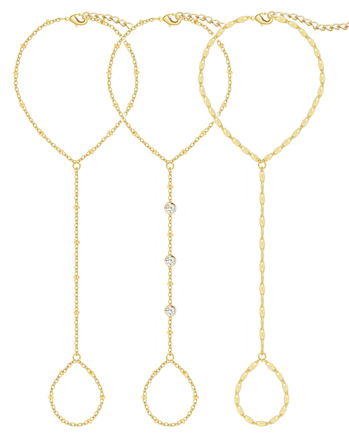3PCS 14K Gold-Plated Hand Chain Bracelets for Women, Stack Bracelets Set Adjustable, Trendy Dainty Ring Bracelet Hand Chain