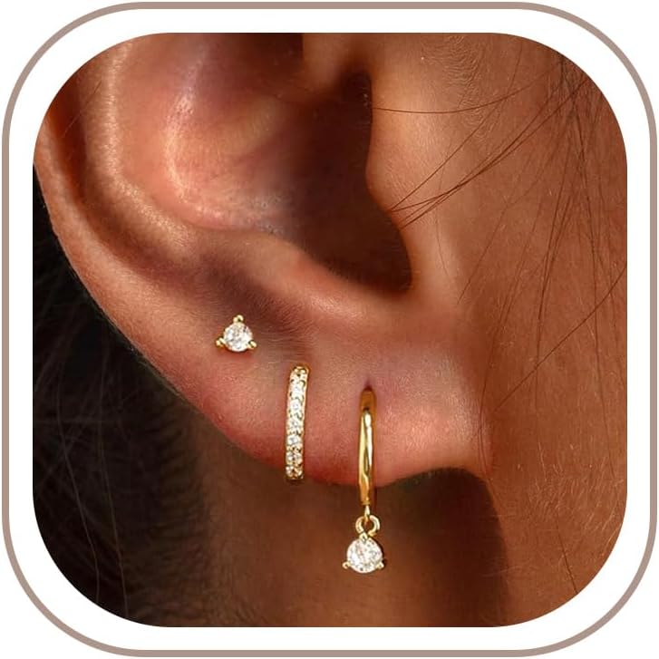 Freekiss 3 Pairs Hoop Earrings Set - Dainty Stud Dangle Cartilage for Women | Hypoallergenic Earrings, Cubic Zirconia Stackable Trendy Small Set Jewelry Gifts for Women