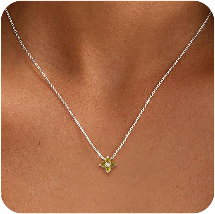 ZHESHY Birthstone Silver Necklaces for Women Dainty Diamond Clover Necklace | Simple Non Tarnish Cubic Zirconia Pendant Necklaces Women Silver Trendy Jewelry Bridesmaid Birthday Gifts