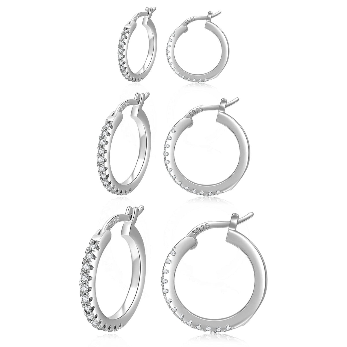 PABBEU 925 Sterling Silver Small Hoop Earrings Set for Women Hypoallergenic | 3Pairs Cubic Zirconia Small Huggie Hoop Earrings Set 13/15/20mm,Nickel-Free Lightweight Comfortable Sleeper Earrings Gift Set