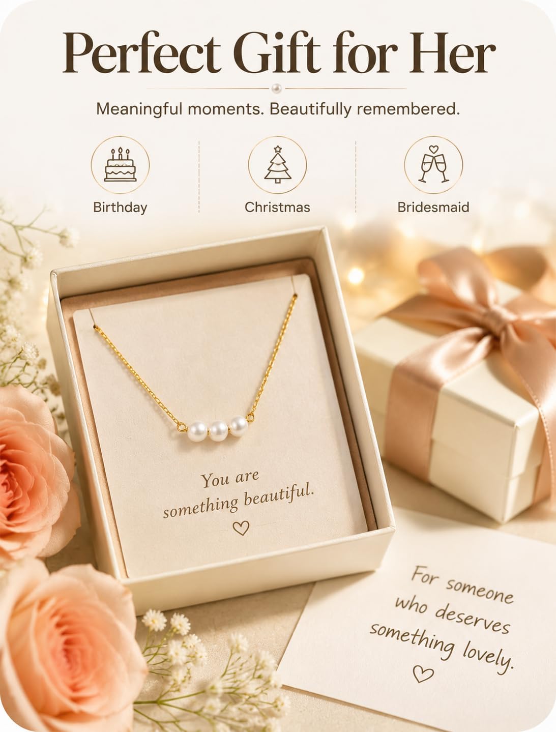 Freshwater Pearl Necklace for Women, Dainty 14K Gold Plated Pendant Necklace, Stainless Steel Minimalist Jewelry for Everyday Wear, Birthday Anniversary Bridal Gift