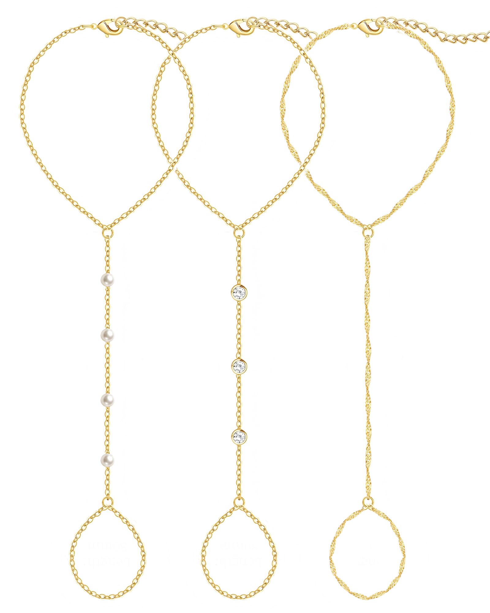 3PCS 14K Gold-Plated Hand Chain Bracelets for Women, Stack Bracelets Set Adjustable, Trendy Dainty Ring Bracelet Hand Chain