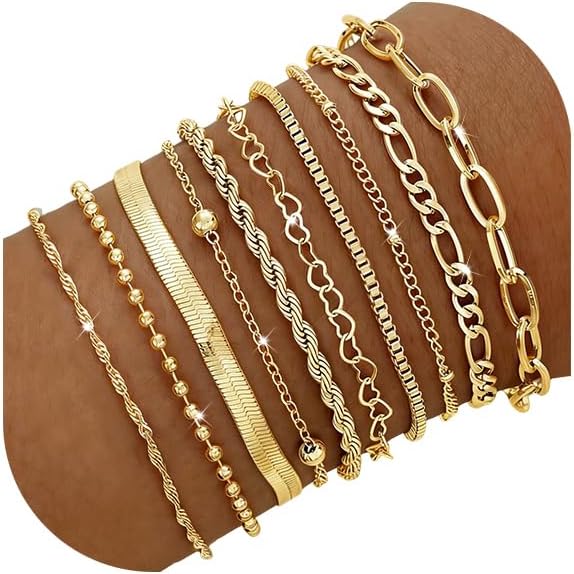10 Pcs 14K Gold Plated Bracelet for Women, Dainty Stackable Chain Set | Bracelet Stack, Mixed Styles, Paperclip, Heart Link, Lightweight for Daily Wear, Hypoallergenic, Ideal Gift