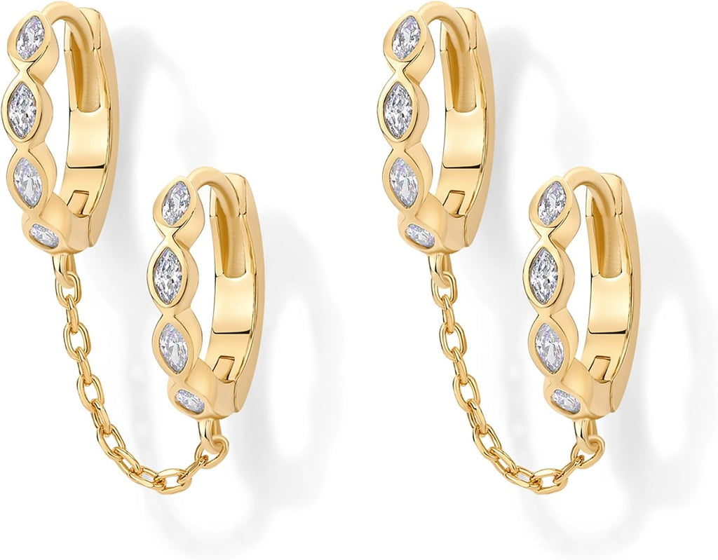 PAVOI 14K Gold Chain Earrings for Women | Double Piercing Dangle Chain Huggie Hoop Earrings | Cubic Zirconia Pearl Stud Ear Earrings for Women | Dangle Earrings for Women, Earring Stack, Ear Cuff Earrings, Cubic Zirconia Pearl Stud