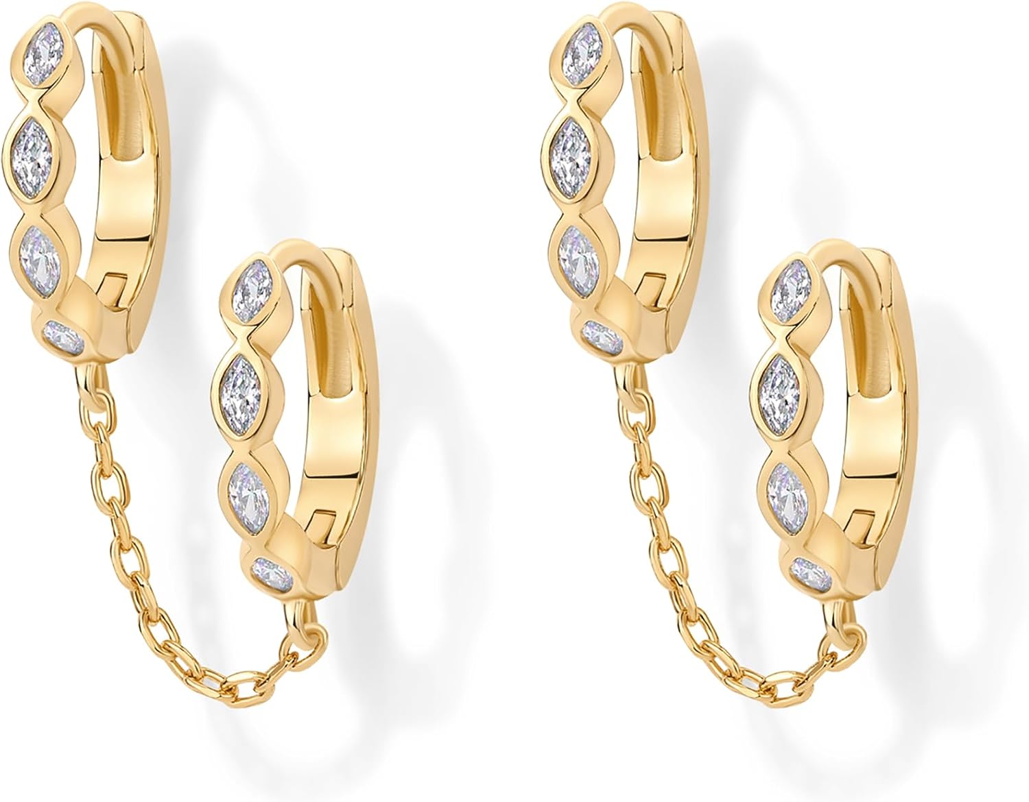 PAVOI 14K Gold Chain Earrings for Women | Double Piercing Dangle Chain Huggie Hoop Earrings | Cubic Zirconia Pearl Stud Ear Earrings for Women | Dangle Earrings for Women, Earring Stack, Ear Cuff Earrings, Cubic Zirconia Pearl Stud