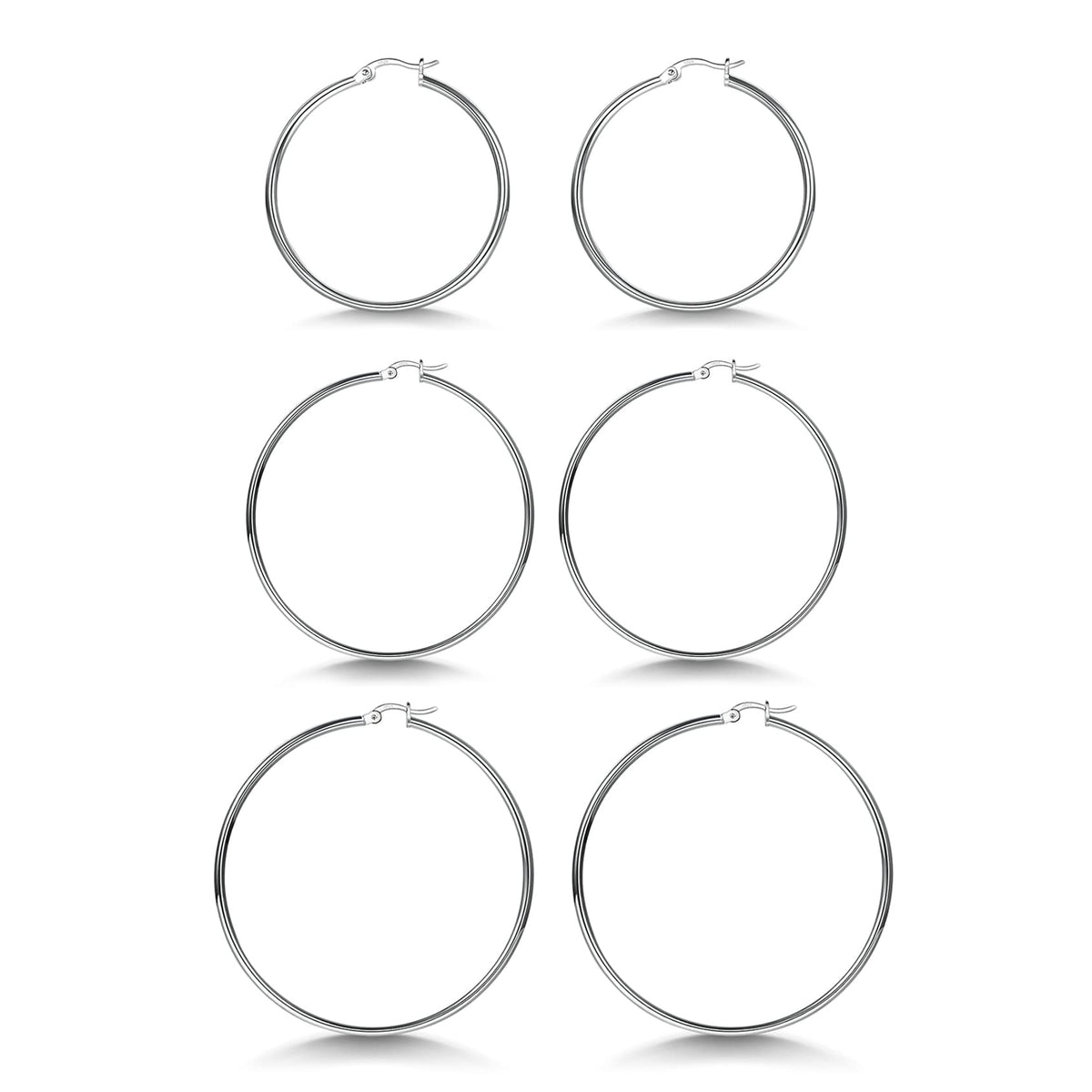 3 Pairs 925 Sterling Silver Hoop Earrings | Small White Gold Plated Hoop Earrings for Women (13mm,15mm,20mm，25mm,30mm,40mm,50mm,60mm)