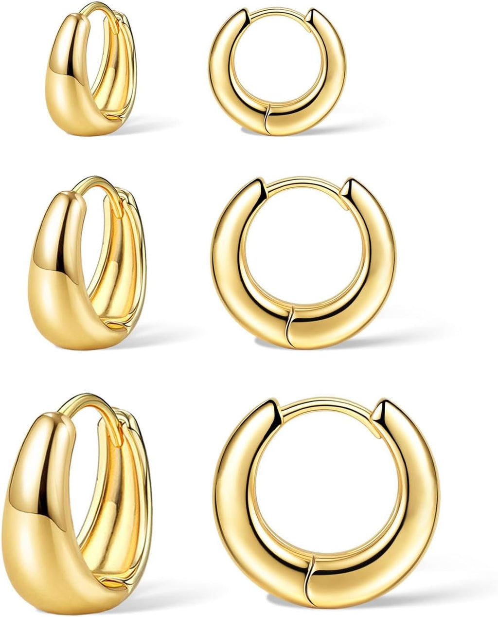 3 Pairs Gold Hoop Earrings Set for Women Trendy Chunky Small Huggie Jewelry | Hypoallergenic Silver Post Earrings for Sensitive Ears Non Tarnish, Stacks for Multiple Piercings, Gifts for Women