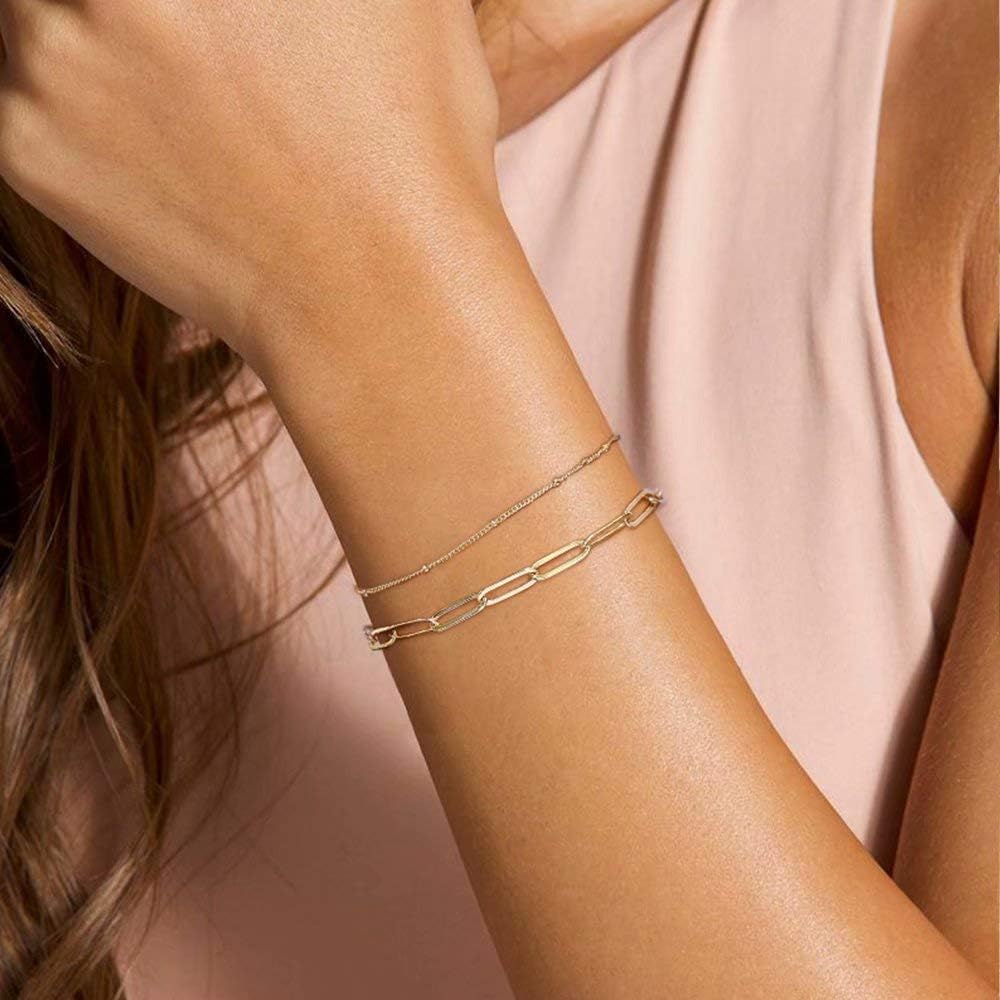 Dainty Gold Bracelets for Women, 14K Gold Plated Adjustable Layered Beads Bracelet Cute Evil Eye Oval Chain Pearl Bar Turtle Gold Bracelets for Women Jewelry