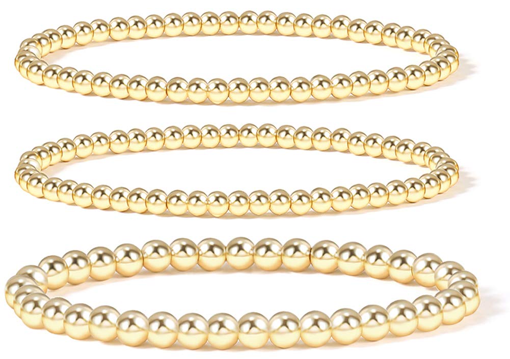 Badu Gold Plate Bead Bracelet for Women 14K Gold Plated Bead Ball Bracelet Stretchable Elastic Hypoallergenic Bohemian Stackable