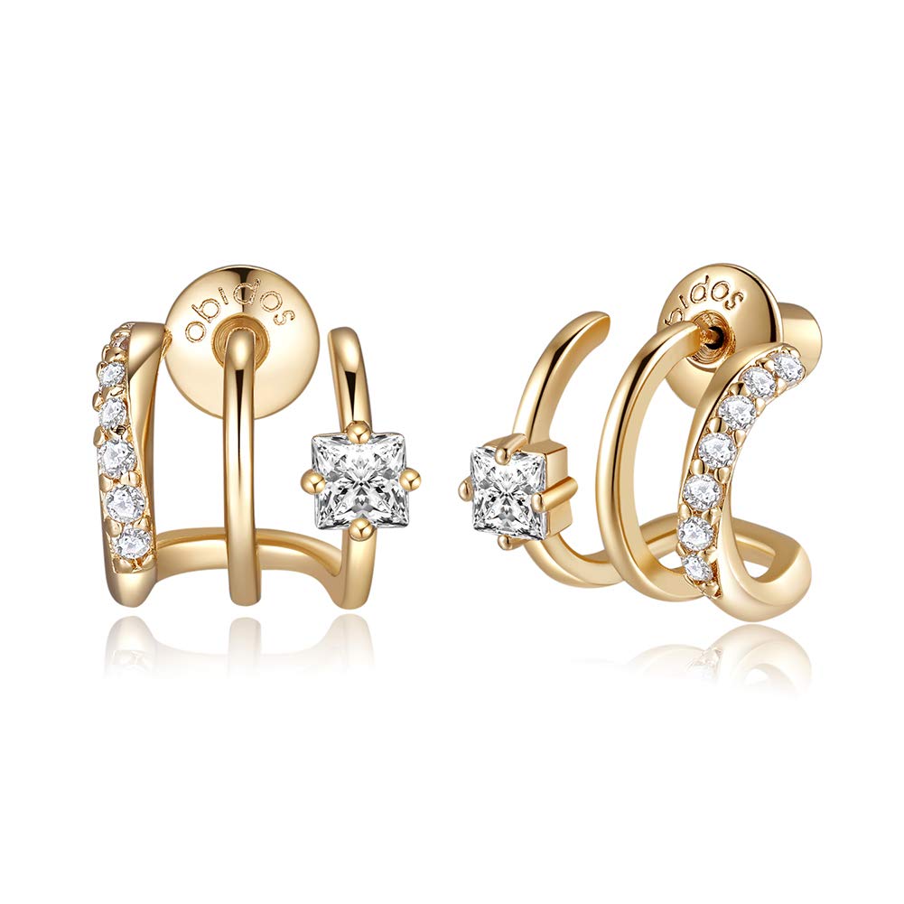 14K Gold Plated Illusion Stud Earrings for Women | Triple Huggie Hoop Earrings for One Hole| Trendy Simple Hypoallergenic Fashion Accessories Gold Jewelry Gifts for Womens